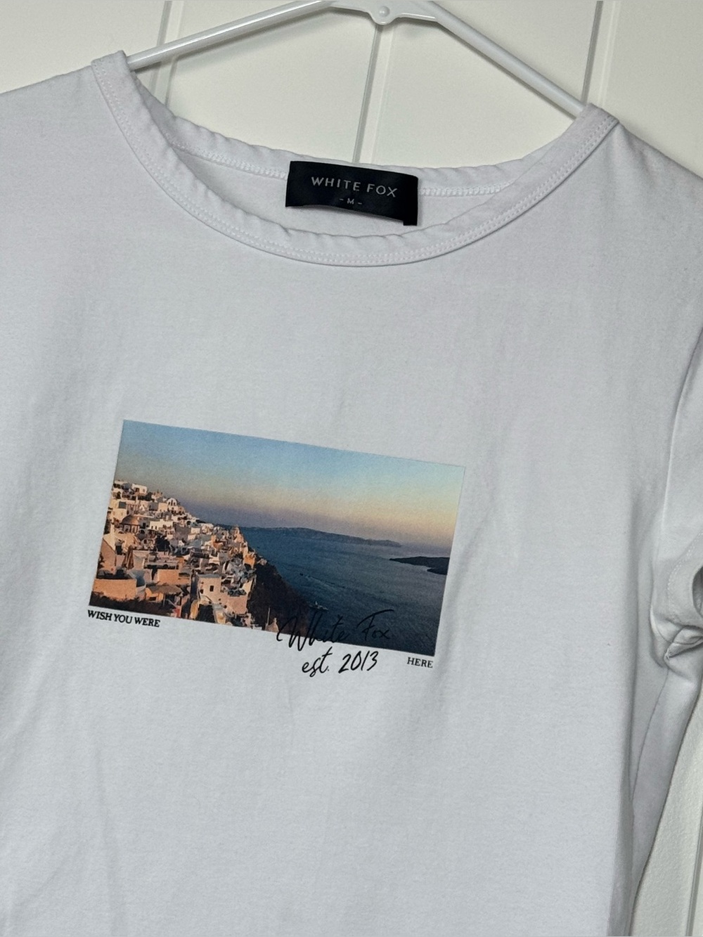 White Fox Scenic Cropped Graphic Tee - White with Blue Print